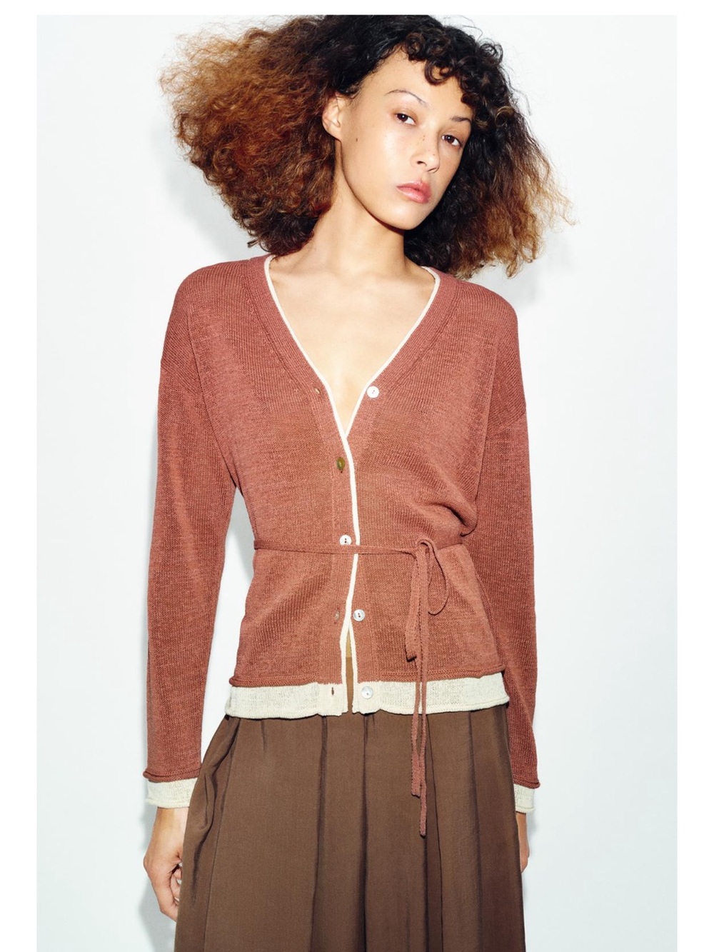 Zara Marsala V-Neck Tie-Waist Cardigan Sweater